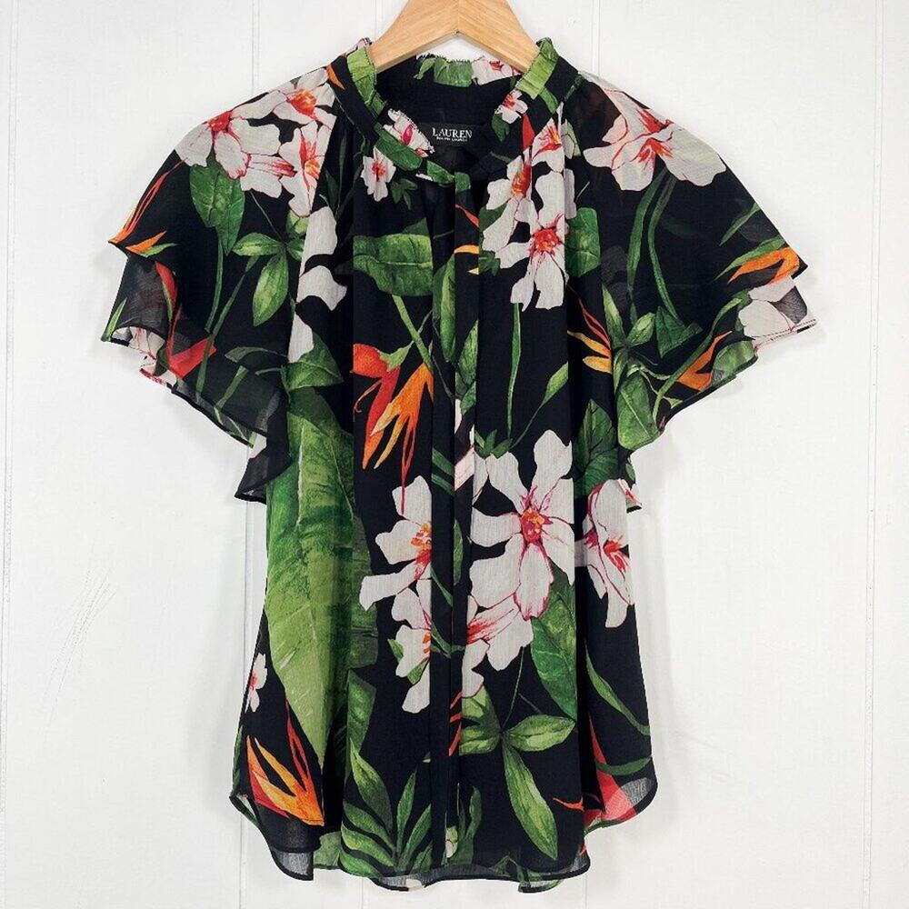 Lauren Ralph Lauren Floral Blouse Tie Neck Flutter Sleeve Tropical Size Medium